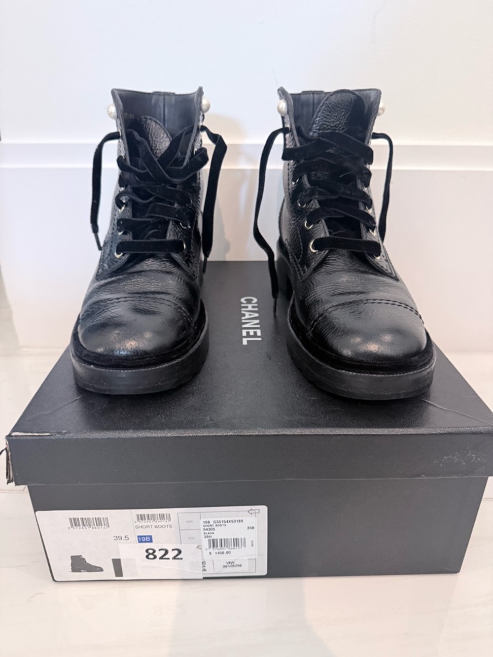 CHANEL Black Leather Lace-Up Ankle Boots with Pearl Accents - Picture 4 of 8